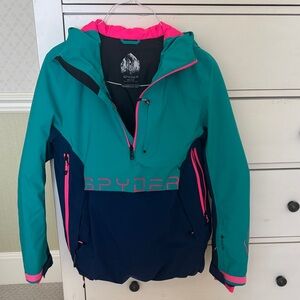 Spyder Kids' Gore-tex Teal, Navy With Pink Accents Puffer Ski Jacket Hooded